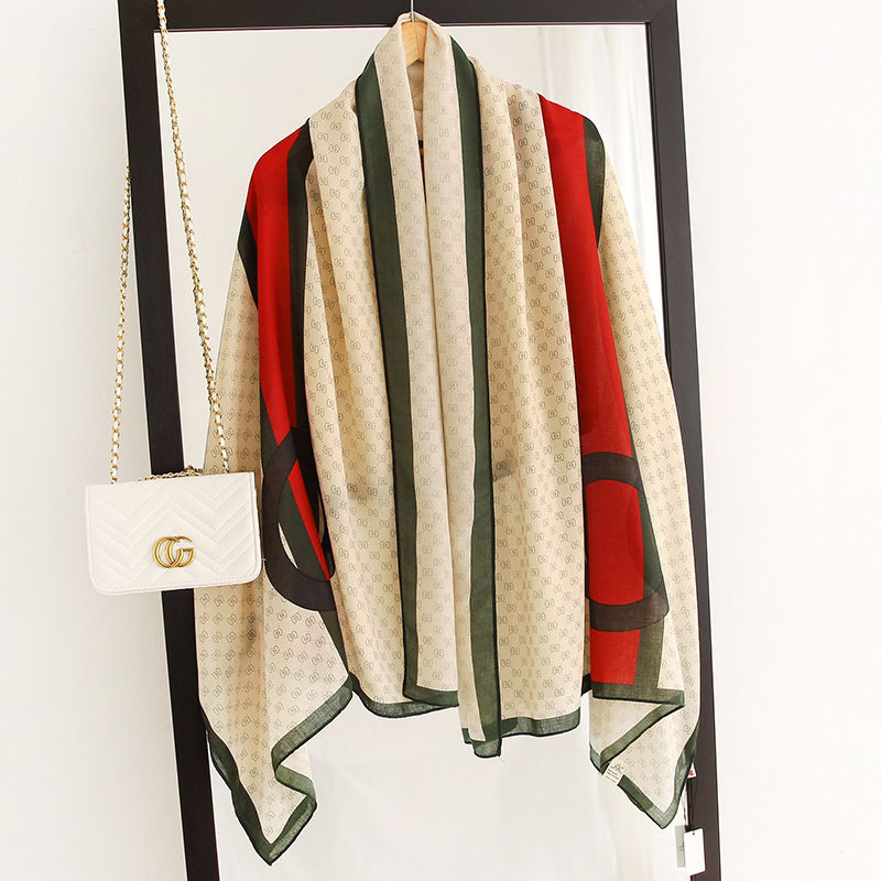 Thumbnail: ScarfPro Beige with a Red Band Viscose Printed Luxury Scarf