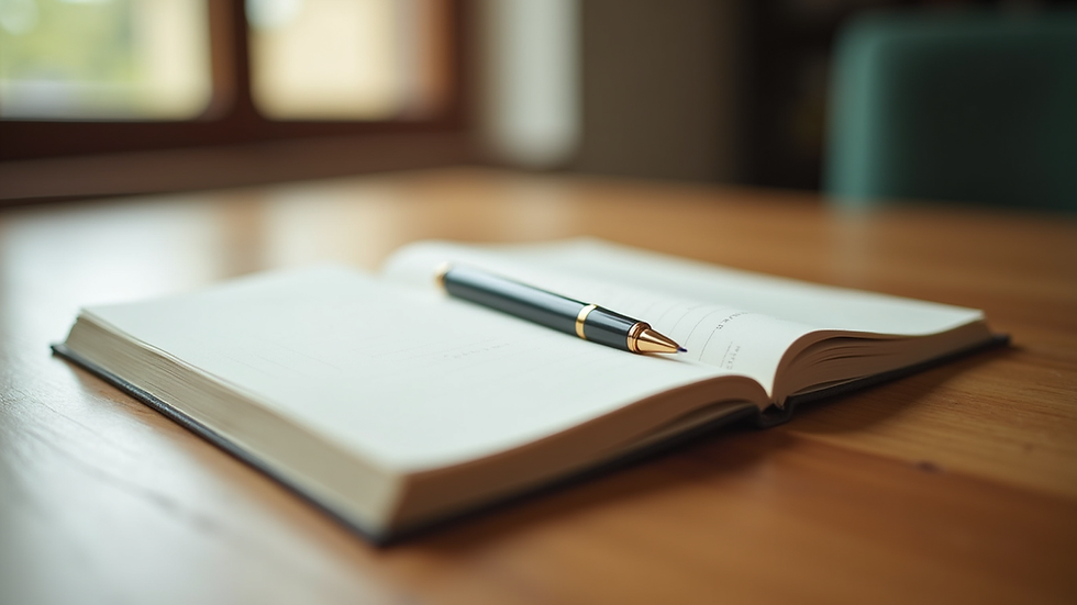Close-up view of a journal and pen on a wooden table with soft natural light