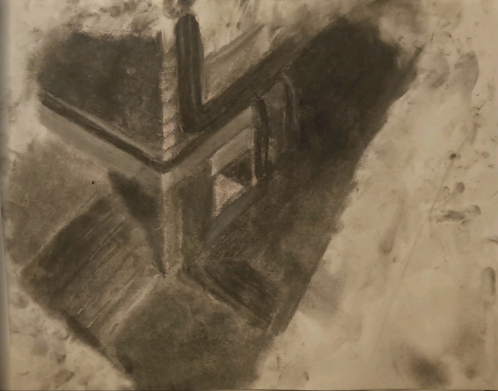 Project 1: Year 10 - A still life composition of an architectural structure of my choice which I found in the school. I drew this since I liked the abstract shapes and angles that I was working with, such as the curve of the pipes, and the angle on the stairs. I was also very fond of the perspective I was viewing this corridor from as it was a challenge to imitate accurately.