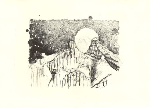 Mountain ranges of Gran Canarias with moon behind, printed using lithography.