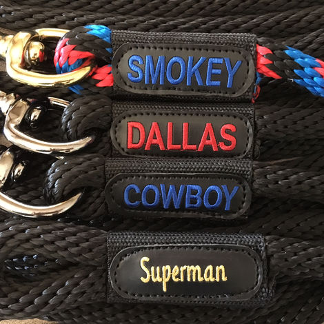 Block ALL CAPS and Billboard embroidery on horse lead ropes.