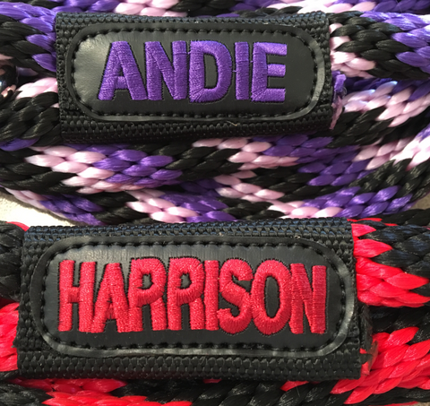 Beautiful Block ALL CAPS embroidery on multi-color lead ropes.