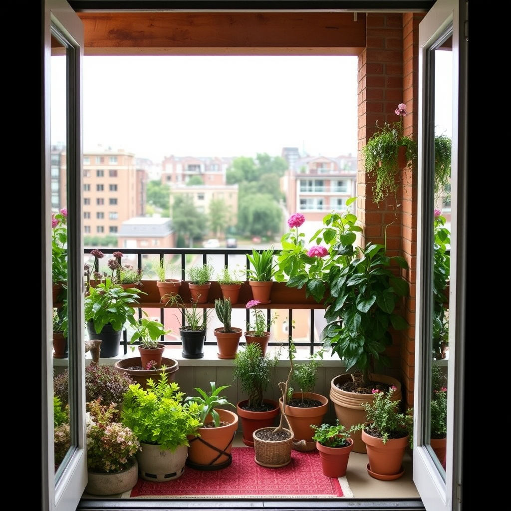 Balcony with many plants, open doors, and cityscape in the background. Terrace Landscaping