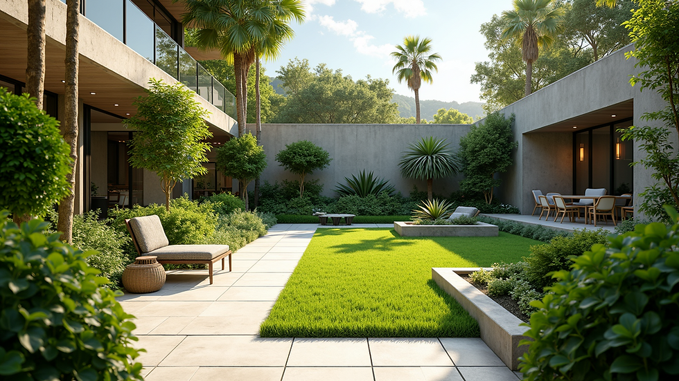 Wide angle view of a beautifully designed terrace garden with lush greenery
