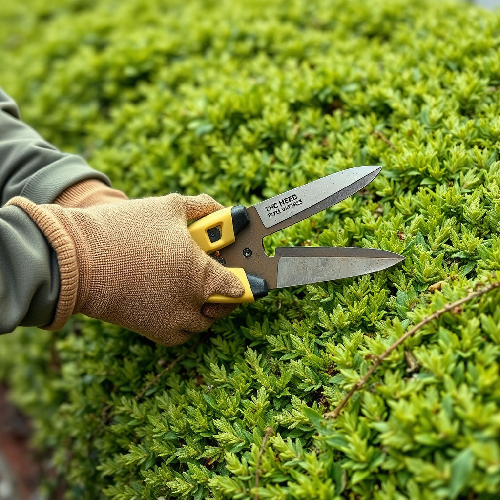 Person trimming a green hedge using yellow and black shears, Terrace Landscaping, Anantha Landscape.