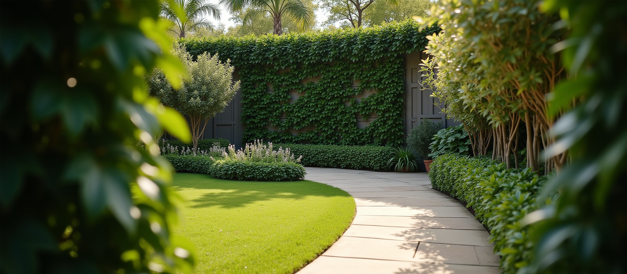 Green wall with vines and pathway with grass, Anantha Landscape