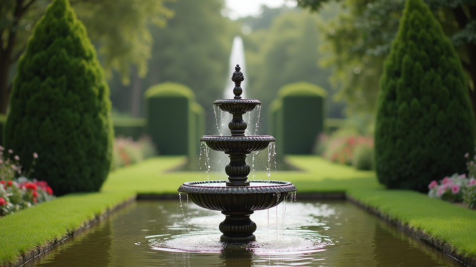 Eye-level view of a classic tiered water fountain in a lush garden
