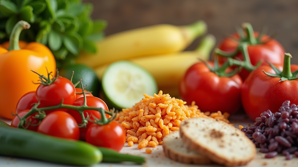 Close-up view of an array of colorful gut-health related foods