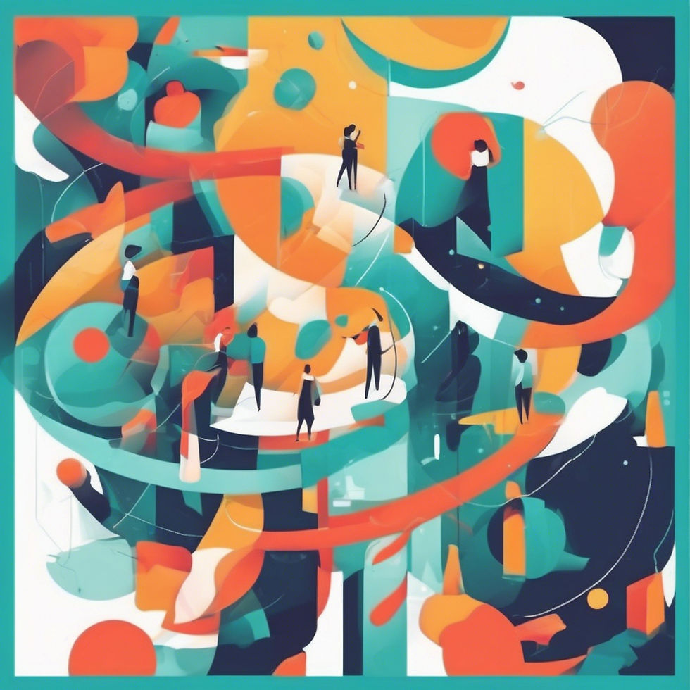 Abstract imagery of people working together in a big field of colorful shapes.