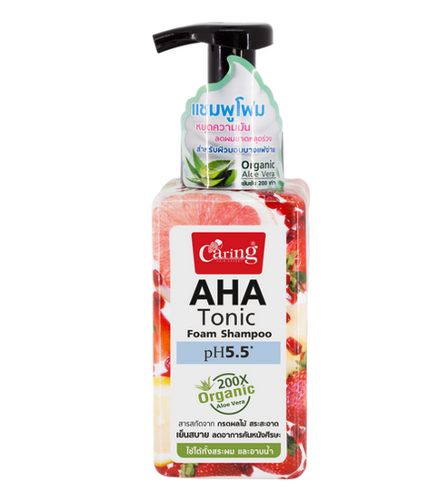 Caring AHA Tonic Foam Shampoo 300ml bottle with fruit berry graphics white label black pump green tag 200x Organic Aloe Vera pH 5.5 SLS-free | แคริ่ง เอเอชเอ โทนิค โฟม แชมพู 300ml ขวดลายผลไม้เบอร์รี่ฉลากขาวปั๊มดำแท็กเขียว 200x อินทรีย์อโลเวร่า pH 5.5 ไร้เอสแอลเอส