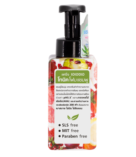 Caring AHA Tonic Foam Shampoo 300ml bottle with fruit berry graphics white label black pump green tag 200x Organic Aloe Vera pH 5.5 SLS-free | แคริ่ง เอเอชเอ โทนิค โฟม แชมพู 300ml ขวดลายผลไม้เบอร์รี่ฉลากขาวปั๊มดำแท็กเขียว 200x อินทรีย์อโลเวร่า pH 5.5 ไร้เอสแอลเอส