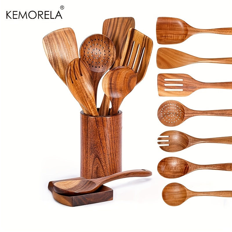 9PCS Wooden Spoons For Cooking, Wooden Utensils For Cooking With Utensils Holder