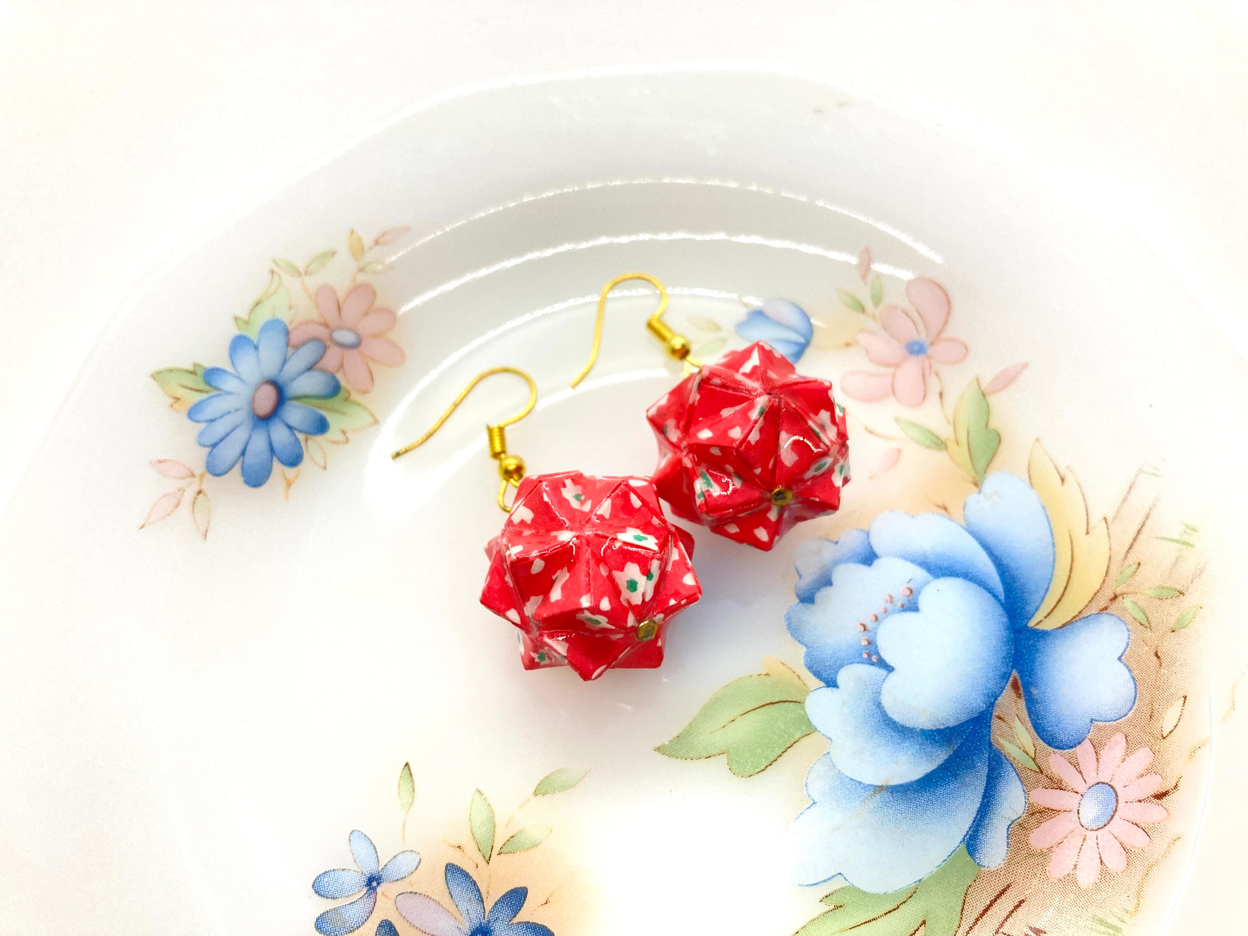 Kusudama Earrings - Red Cosmos