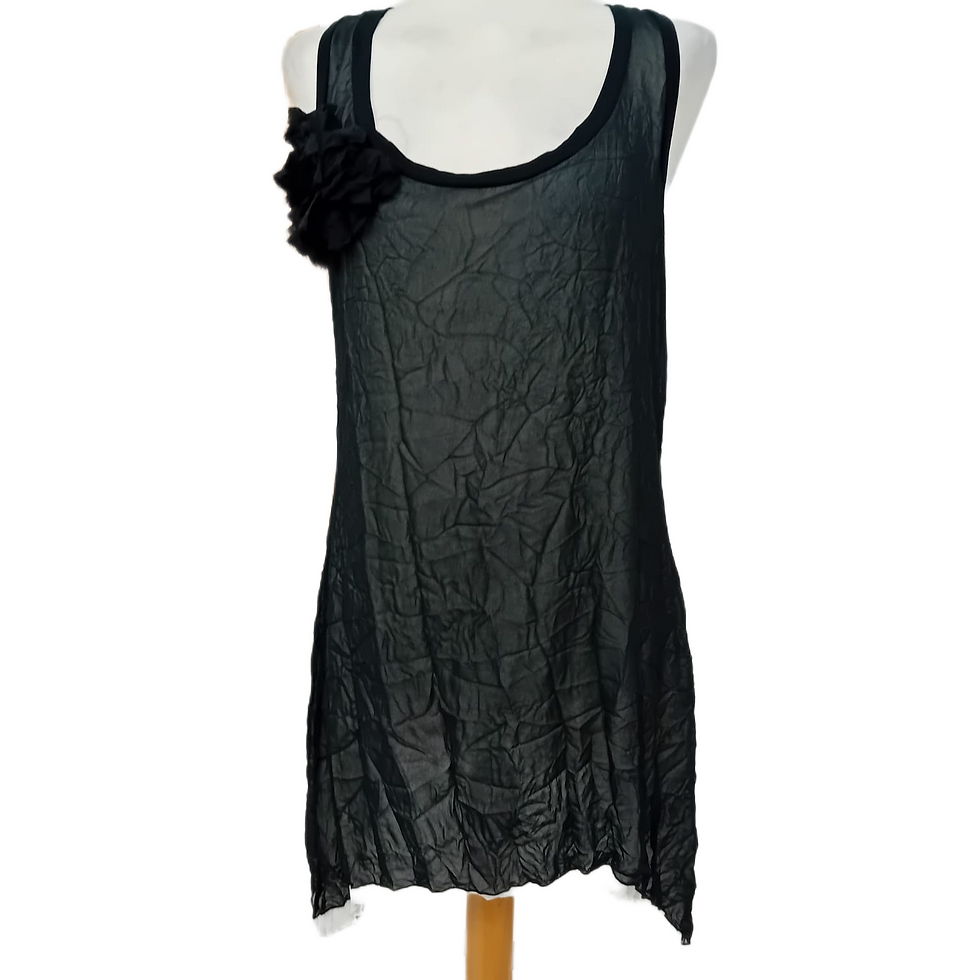 Thumbnail: Ronen Chen Black Crinkled Sheer Tunic Top with Floral Appliqué