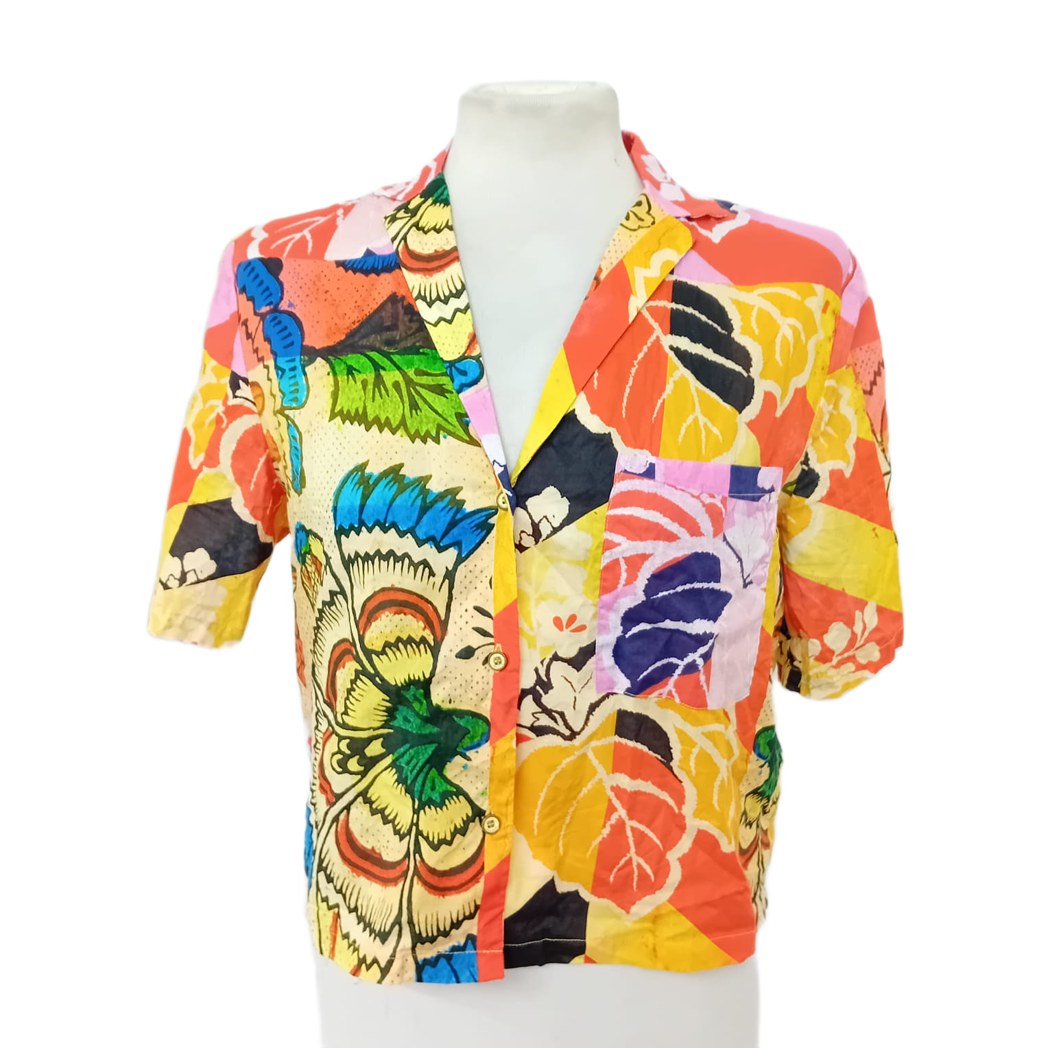 Desigual "Life is Awesome" Abstract Tropical Patchwork Short-Sleeve Shirt