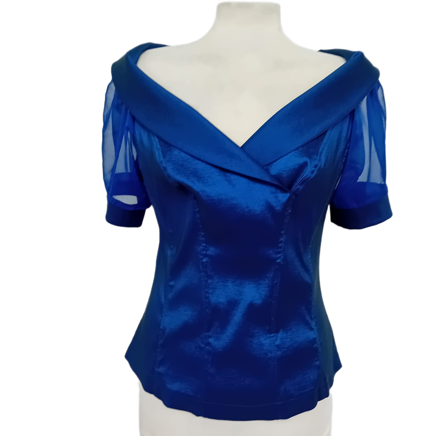 Valentina Royal Blue Shimmer Off-Shoulder Blouse with Sheer Puff Sleeve