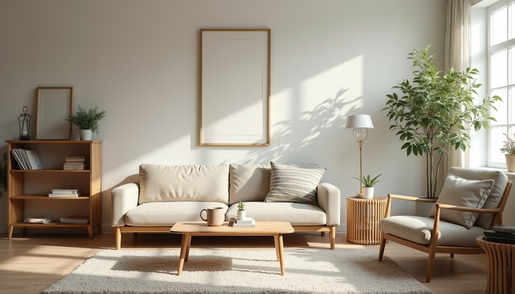 Eye-level view of a tidy living room with neatly arranged furniture and minimal clutter