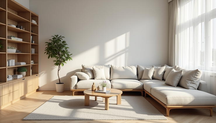 Eye-level view of a tidy living room with minimal furniture and organized shelves
