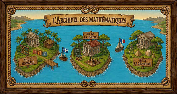 Portrait de l'archipel des mathématiques avec l'île des nombres, l'île de la géométrie et l'île de la logique