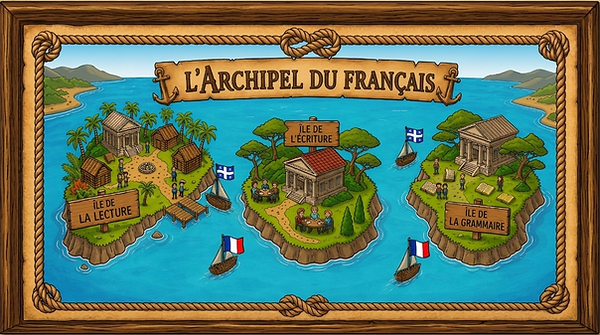 Portrait de l'archipel du français avec l'île de la lecture, l'île de l'écriture et l'île de la grammaire
