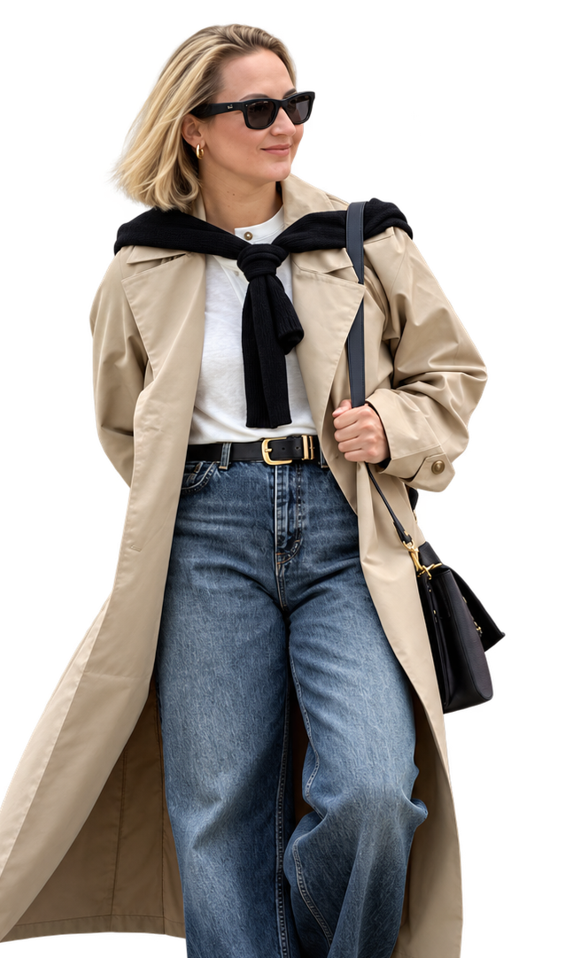 Ana Garcia Teruel con gabardina beige y lentes oscuros, de pie con un estilo casual elegante.