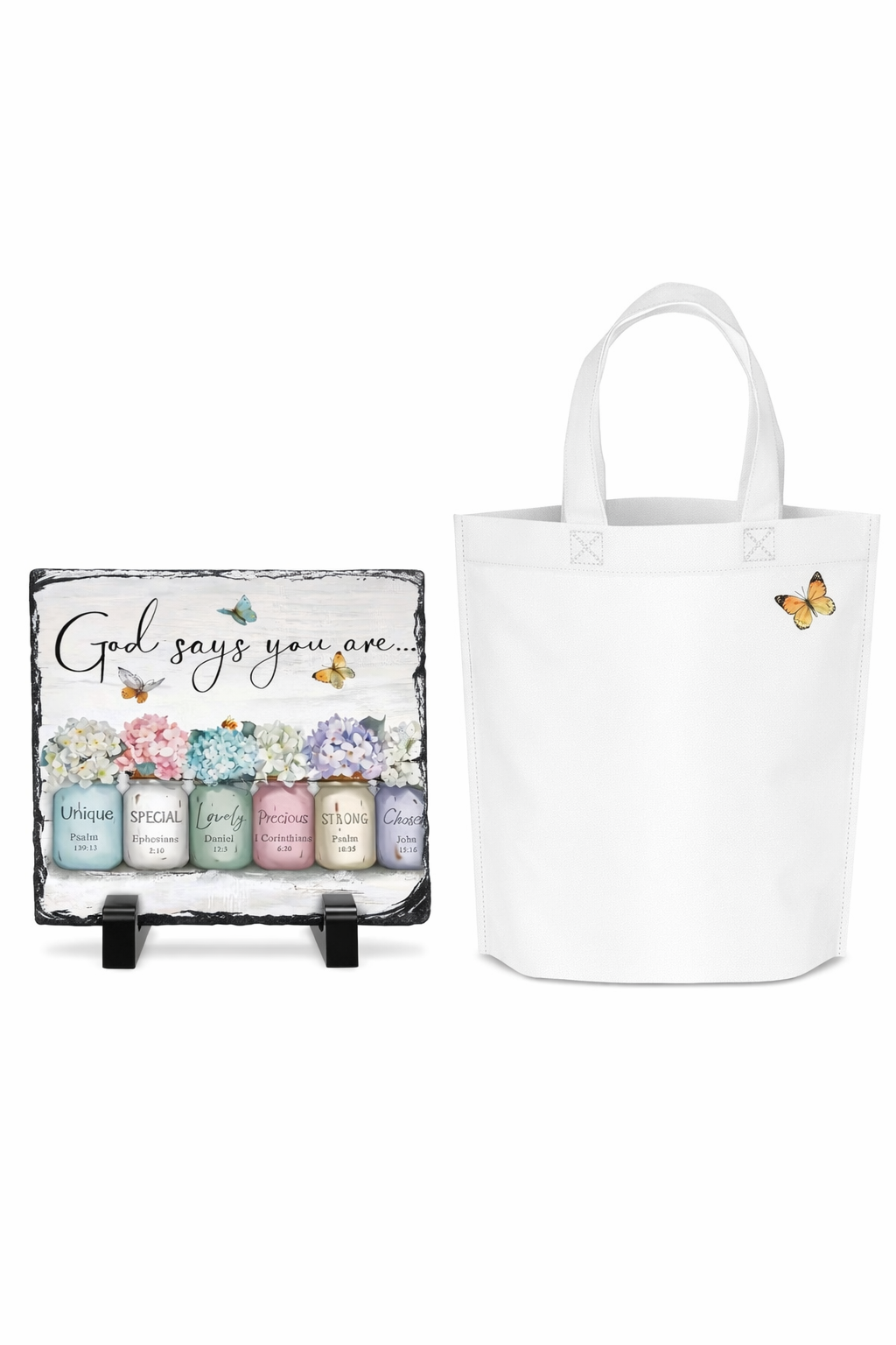 🦋 God Says you are Unique gift slate & mini tote combo