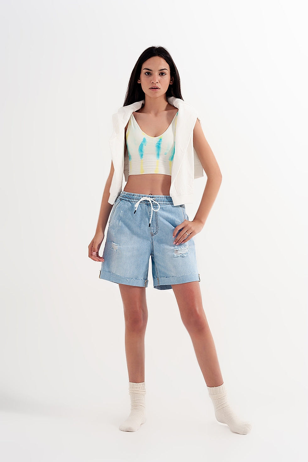 Miniatura: Denim Shorts With Elastic Waist in Wash Blue