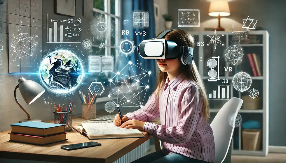 DALL·E 2025-01-30 12.34.11 - A 10-year-old girl sitting at a modern desk, wearing a VR hea