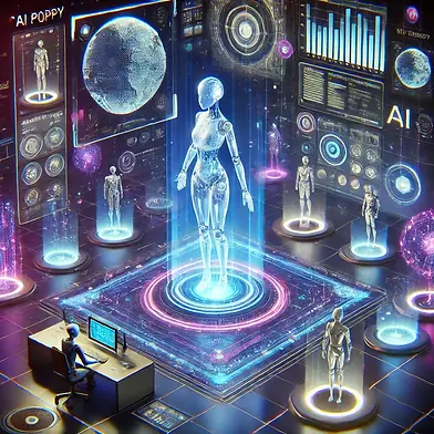 DALL·E 2025-01-30 17.39.08 - A futuristic digital scene showcasing 'AI Poppy' in an advanc