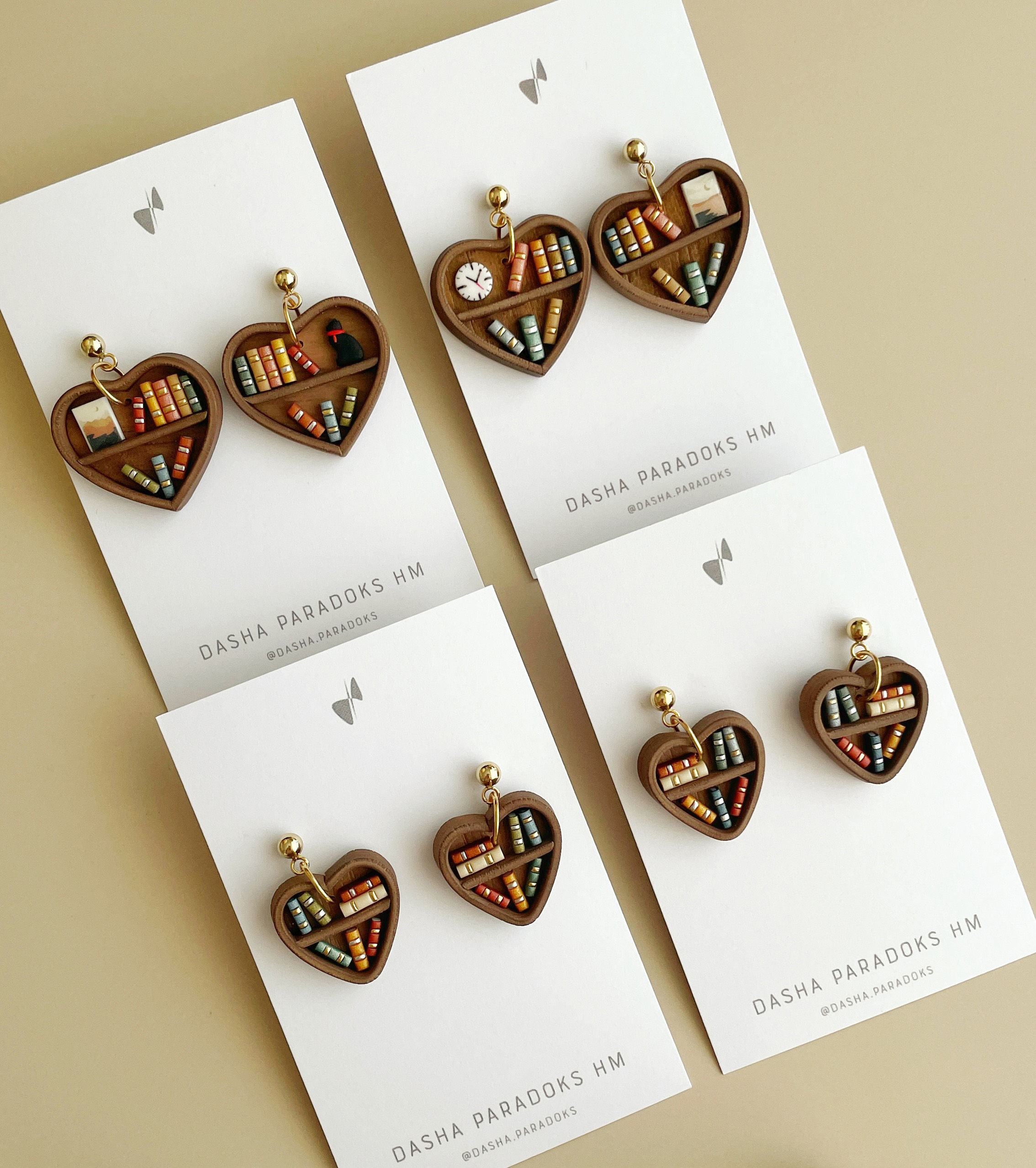 Brown Bookcase Earrings | Heart-shaped