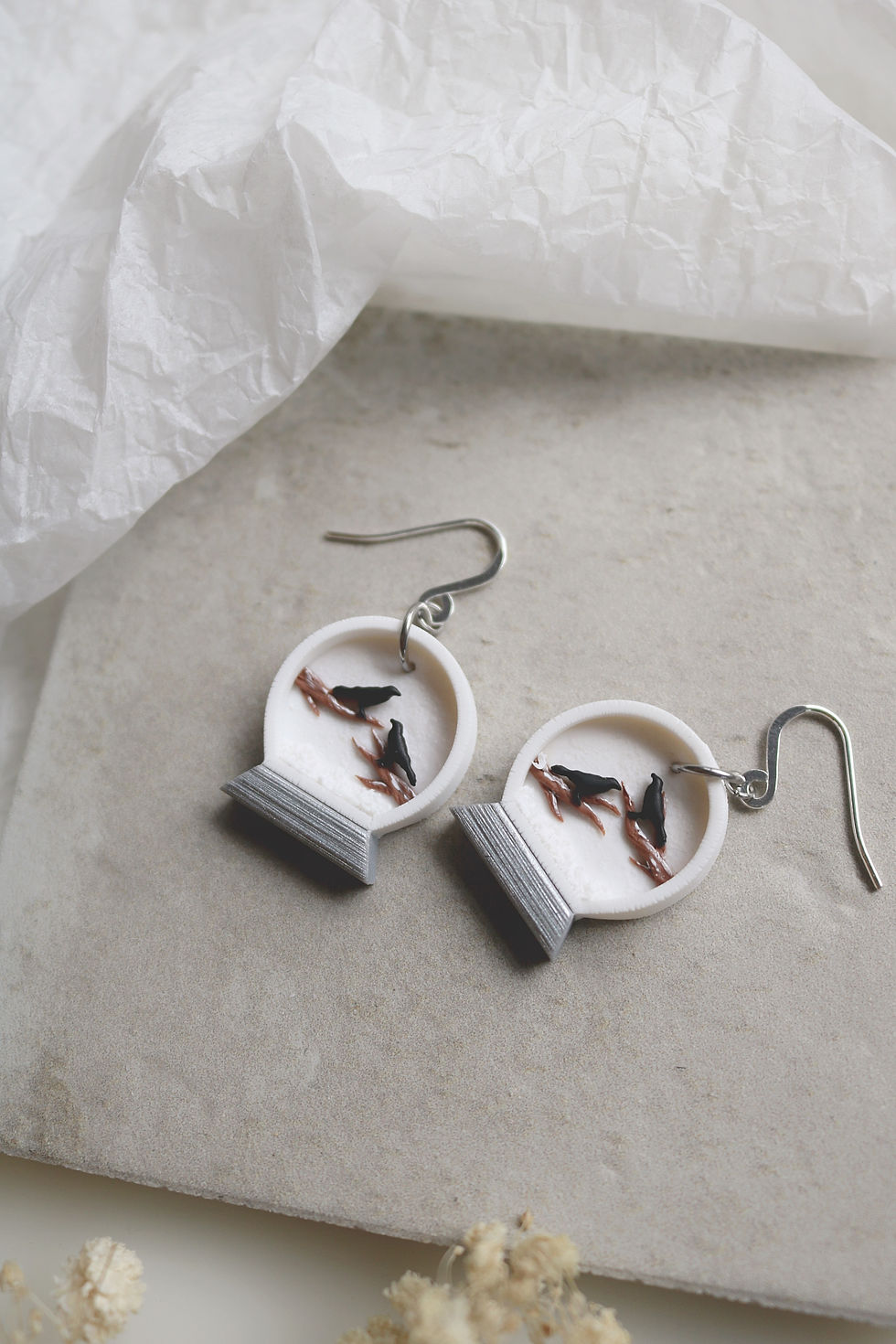 Thumbnail: White "Crows in Snow Globe" Polymer Clay Earrings