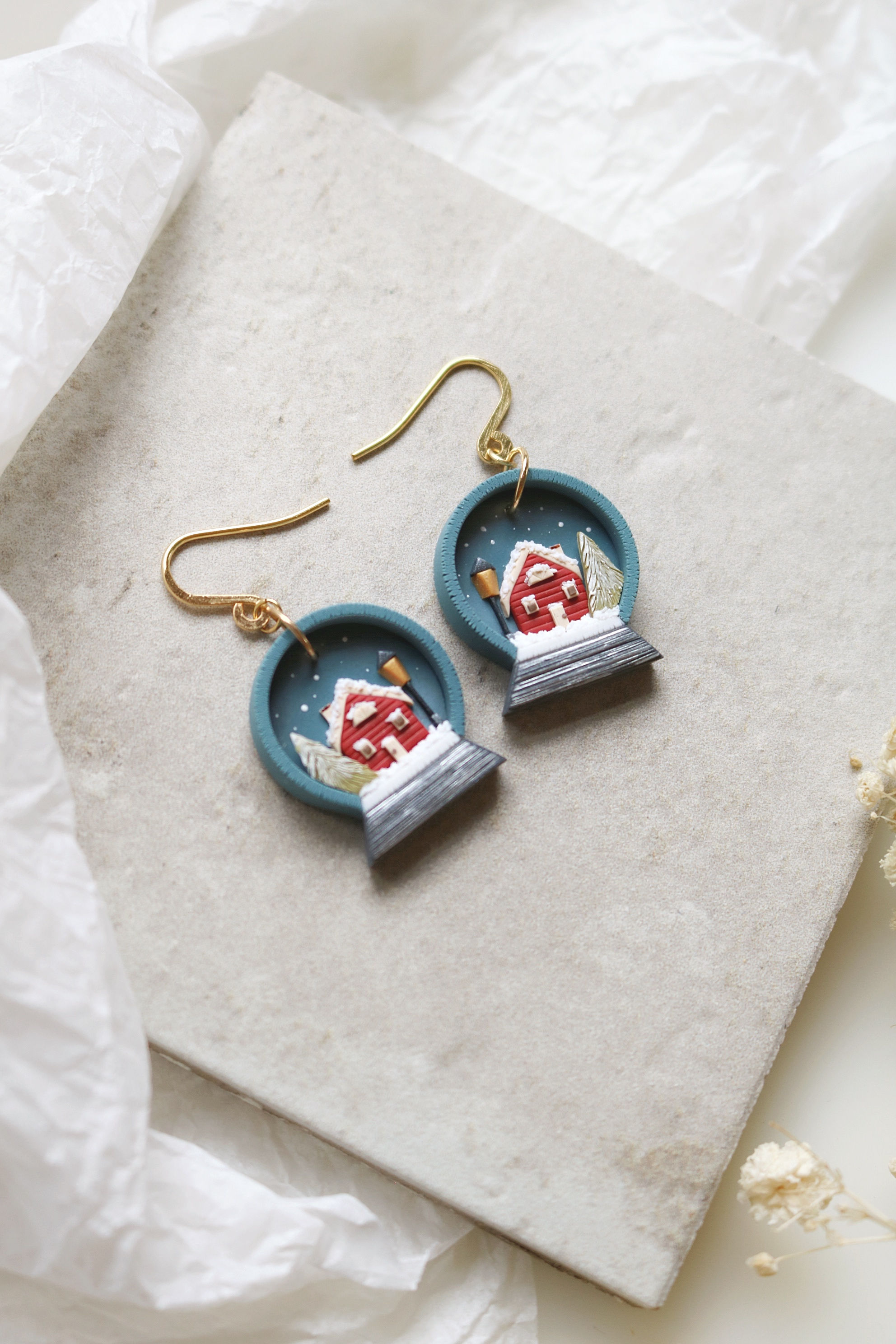 Blue "Red House in Snow Globe" Polymer Clay Earrings
