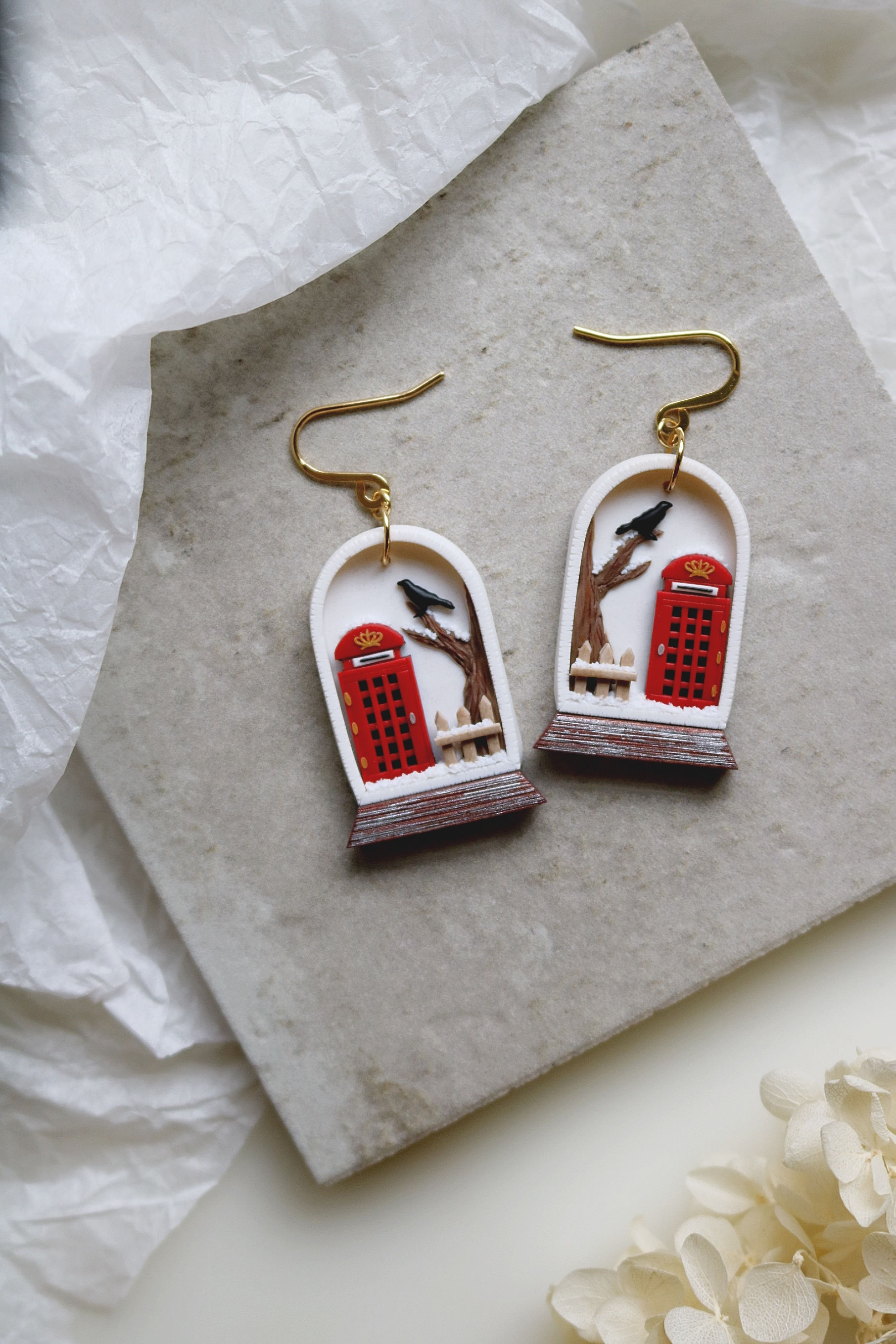 White "Telephone Box in Snow Globe" Polymer Clay Earrings