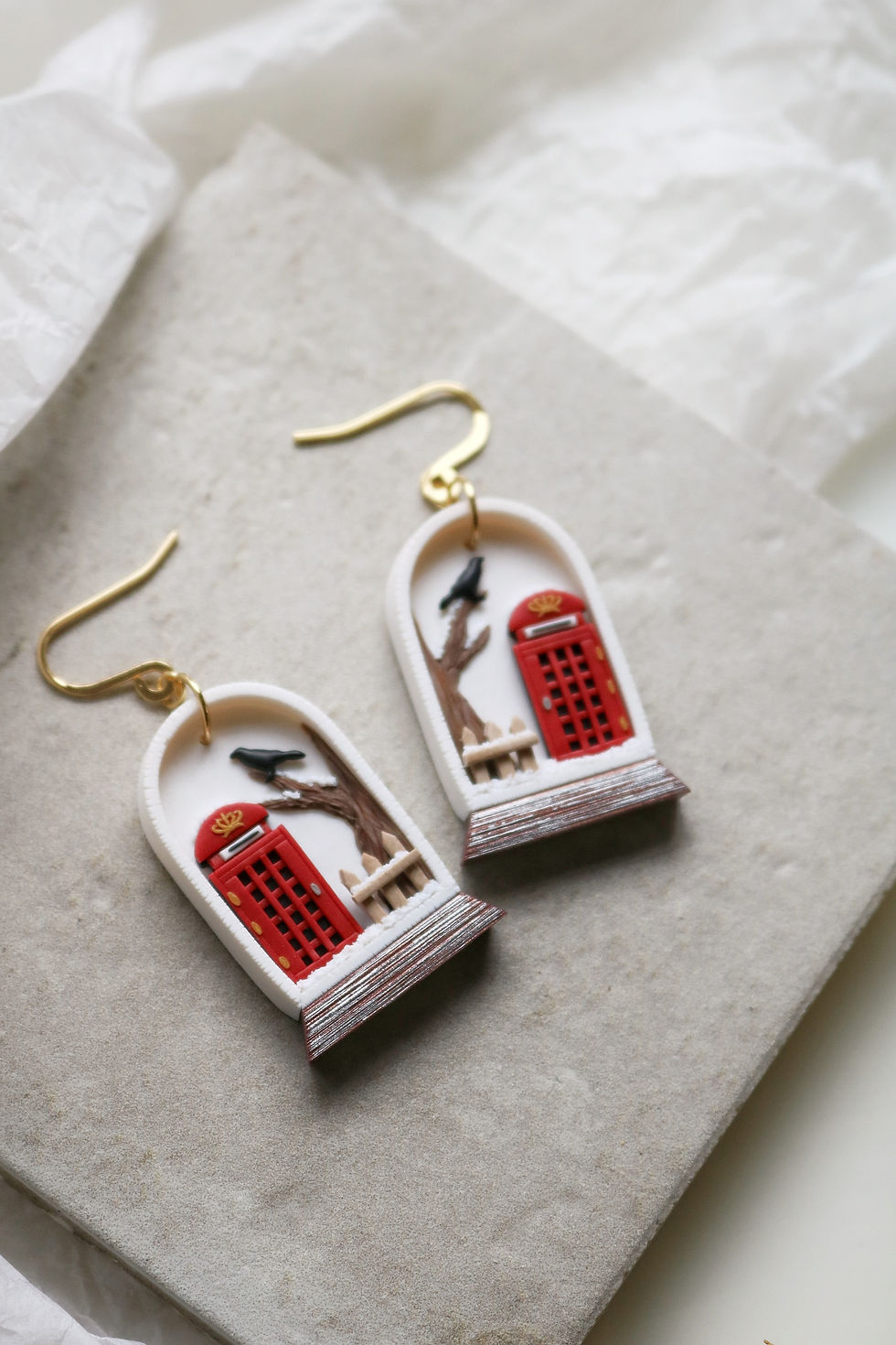 Thumbnail: White "Telephone Box  in Snow Globe" Polymer Clay Earrings