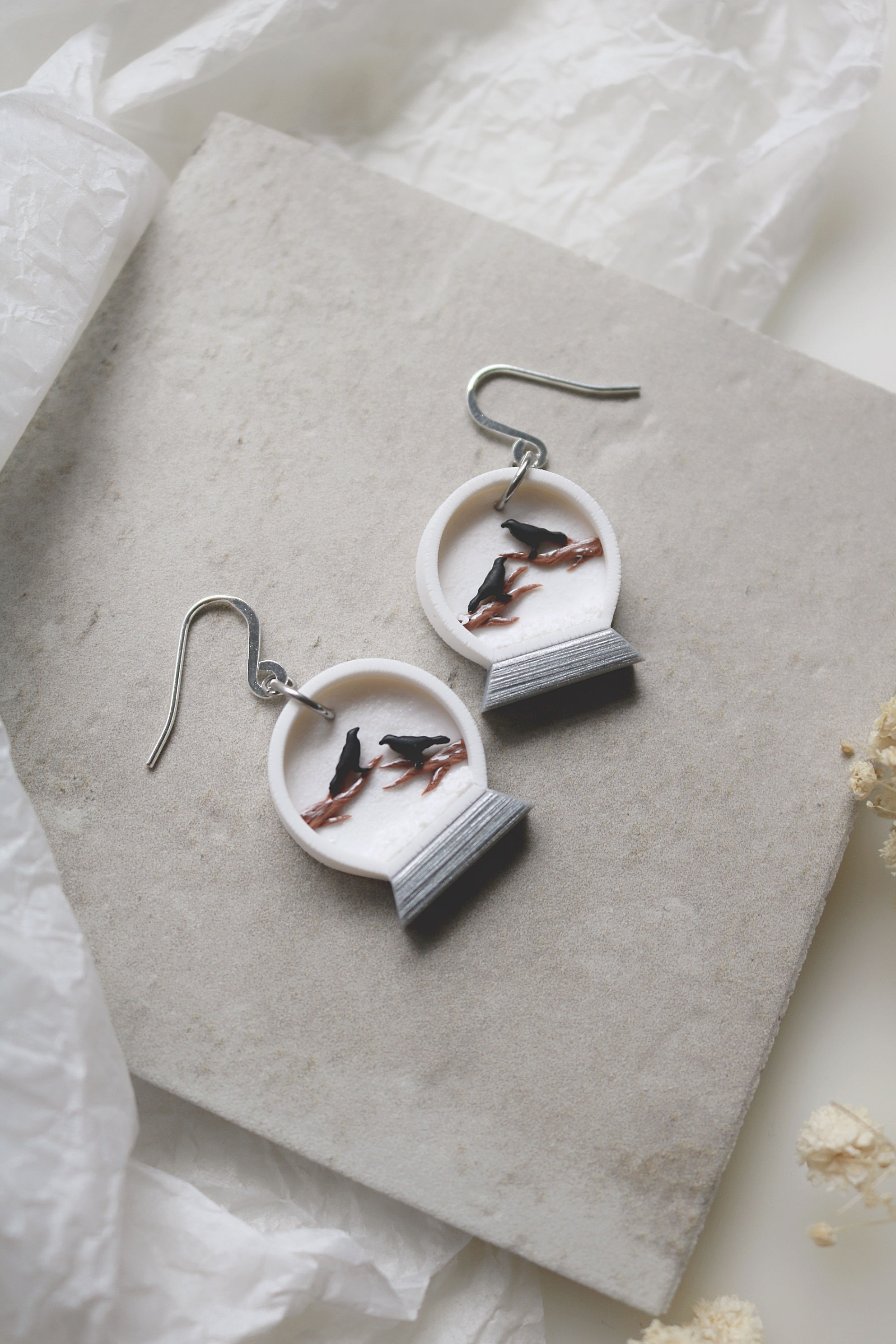 White "Crows in Snow Globe" Polymer Clay Earrings