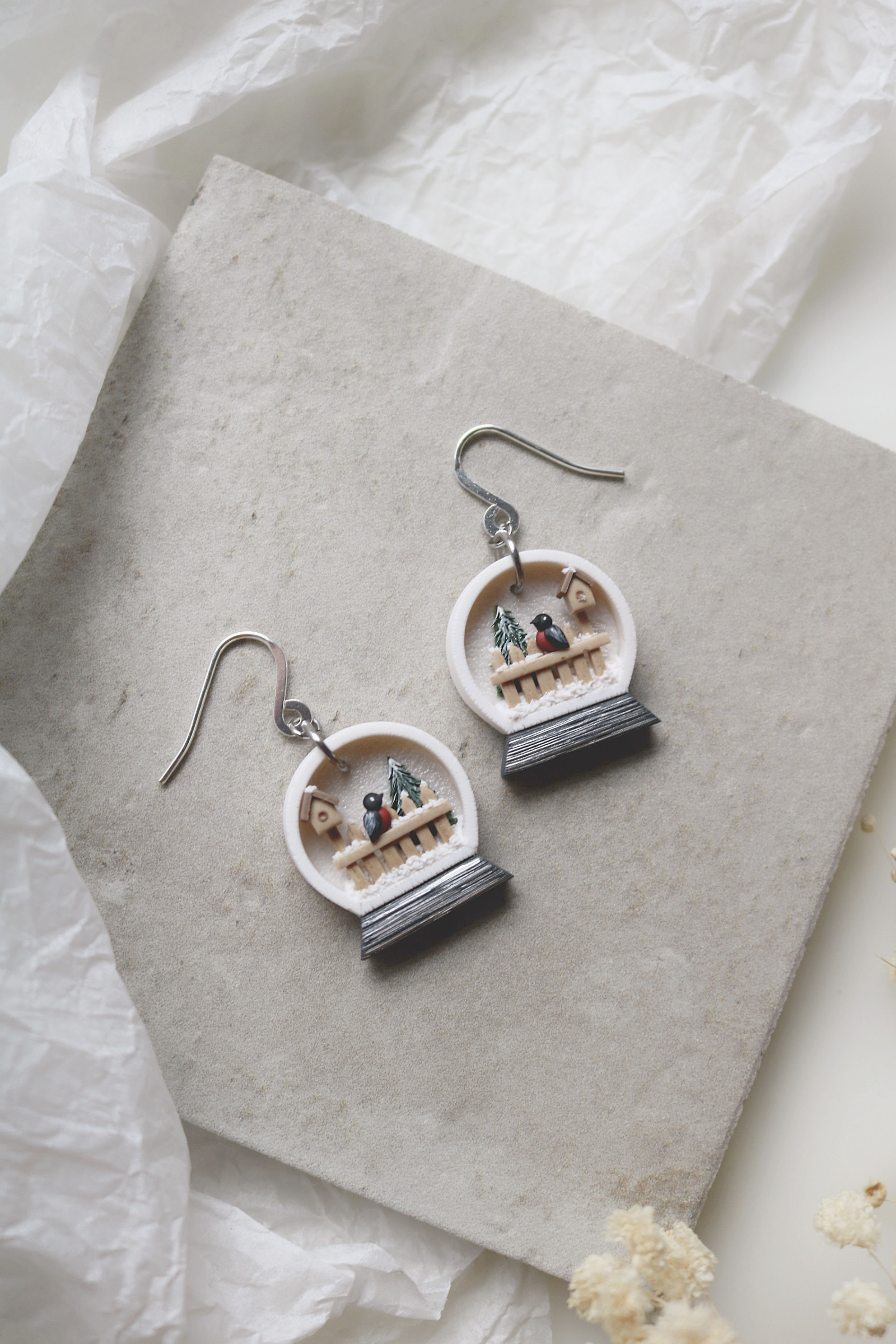 White "Bird on the Fence in Snow Globe" Polymer Clay Earrings