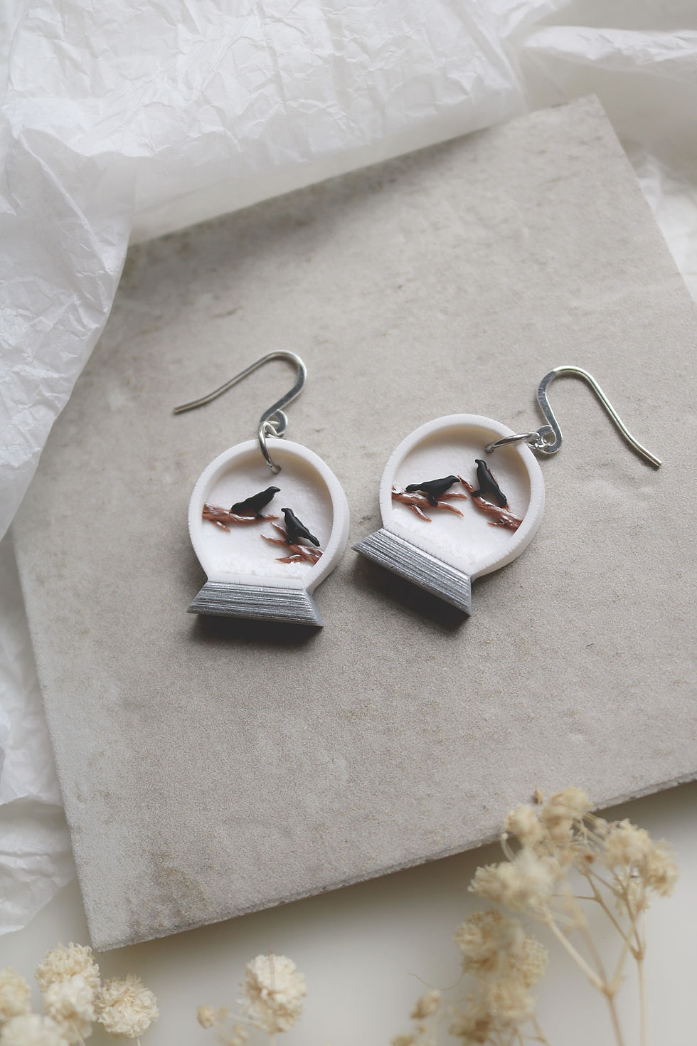 Thumbnail: White "Crows in Snow Globe" Polymer Clay Earrings