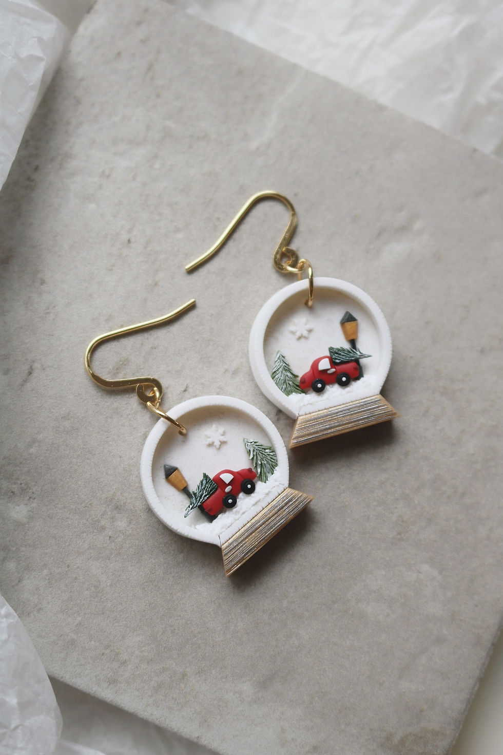 Thumbnail: White "Red Truck in Snow Globe" Polymer Clay Earrings