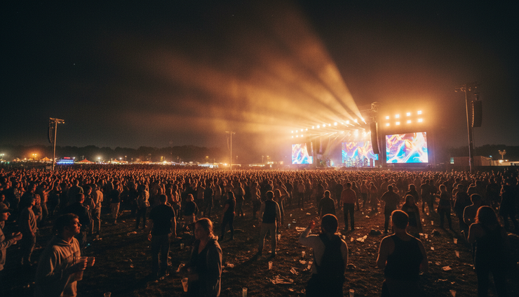 Wide-angle view of a night festival crowd facing a luminous stage.
