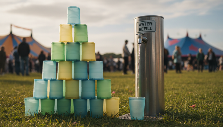 Close-up of reusable cups stacked beside a water refill point at a festival.