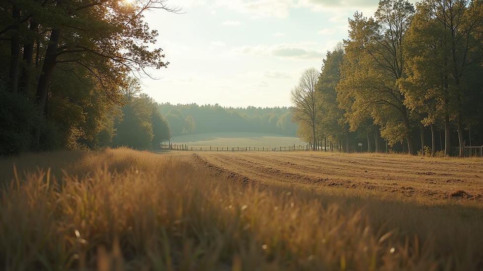 Eye-level view of a vacant rural land plot bordered by trees and a fence
