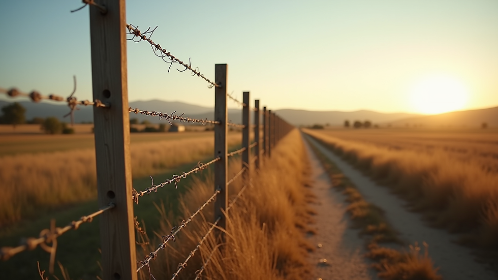 Eye-level view of a fence line marking property boundary in a rural area