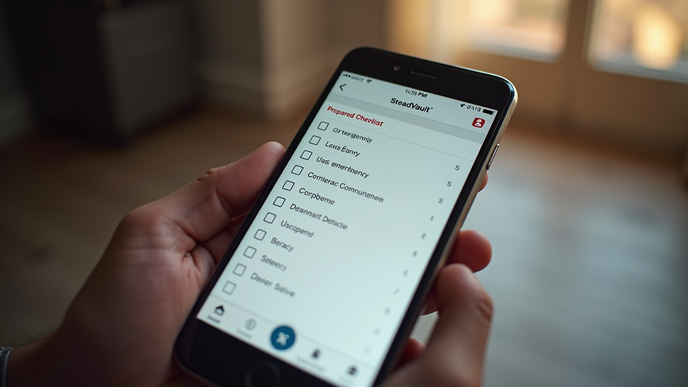 Close-up view of a smartphone showing emergency preparedness checklist in SteadVault app