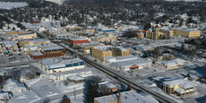 Aerial view of historic downtown Little Falls, Minnesota