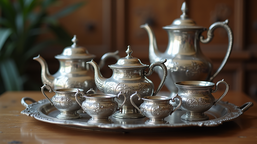 Eye-level view of antique silver tea set displayed on a wooden table