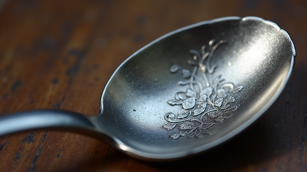 Close-up view of antique silver spoon with intricate floral engravings