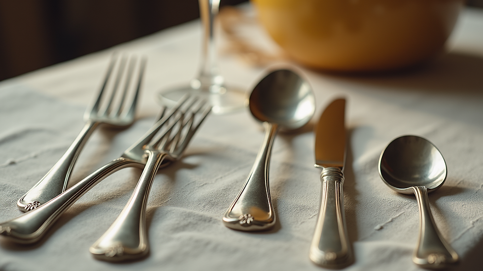 Eye-level view of elegant Sambonet cutlery displayed on a vintage tablecloth