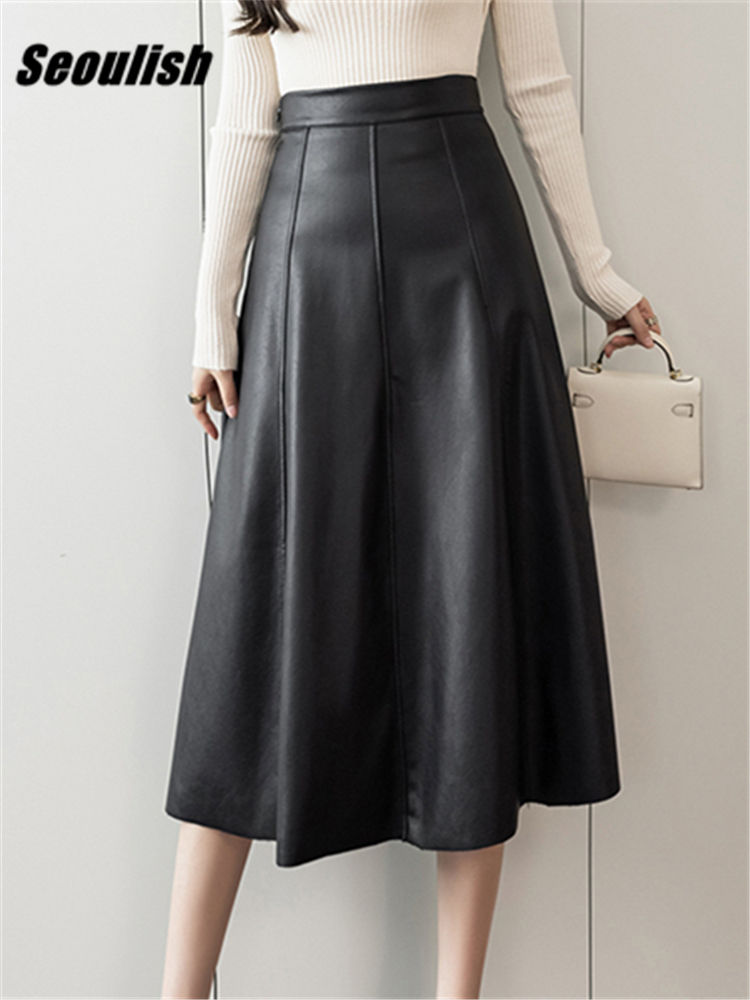 Seoulish Black Faux PU Leather Women's A-Line S Office Skirts Female