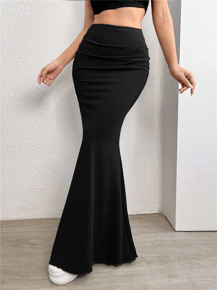 Solid Bodycon Ruched Long Skirt Women Sexy Black Elastic Elegant High Waist