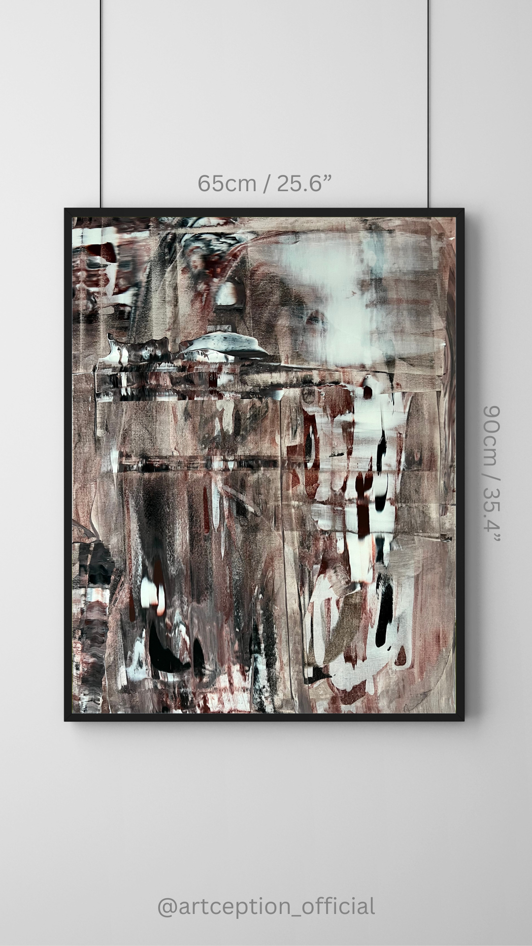 Abstract painting 65x90cm in muted brown, white, black.